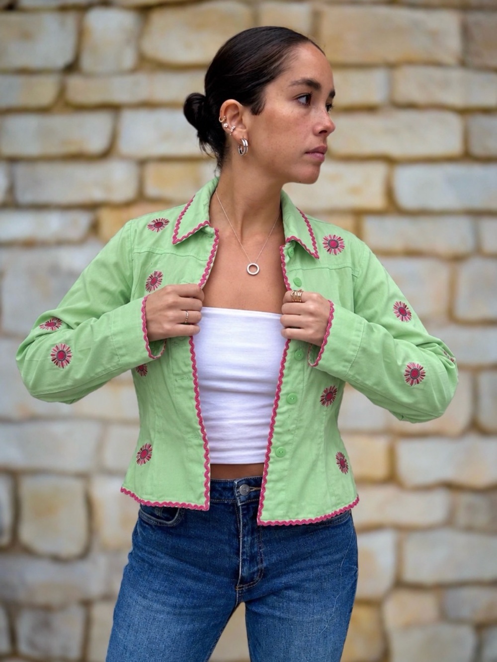 Vintage Bamboo Traders Lime Green Floral Embroidered Jacket XL